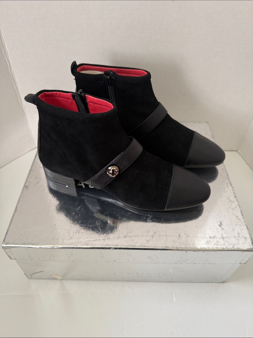 Pas de Rouge Black Suede & Leather Cap-Toe Ankle Booties with Red Lining
